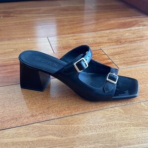 J. Crew Black Leather Mules Gold Buckle Detail size 8